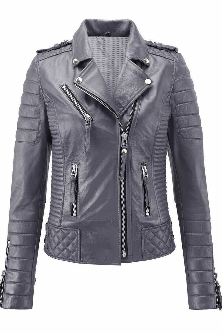 Women's genuine gray biker leather lambskin jacket