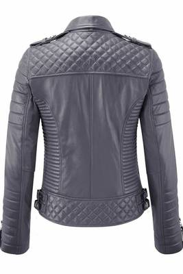 Women's genuine gray biker leather lambskin jacket 2