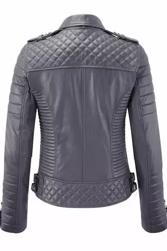 Women's genuine gray biker leather lambskin jacket