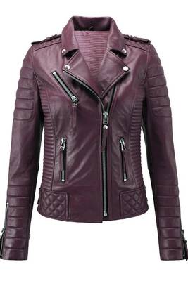 Women's purple moto biker soft genuine lambskin leather jacket 1