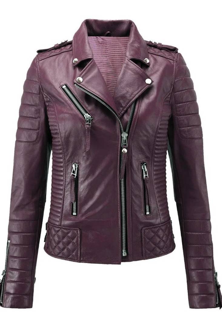 Women's purple moto biker soft genuine lambskin leather jacket