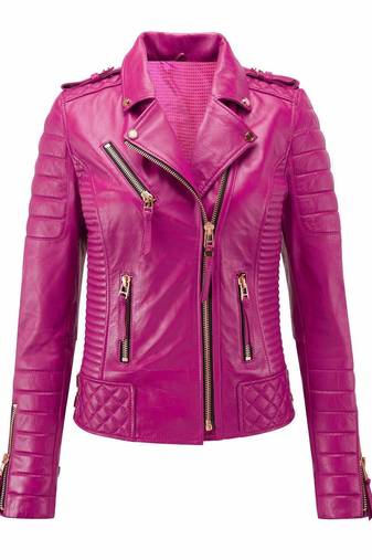 Women's pink soft genuine lambskin leather biker jacket