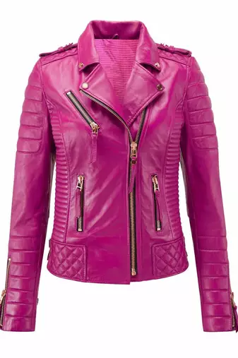 Women's pink soft genuine lambskin leather biker jacket