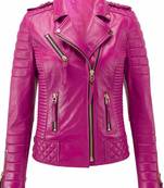 Women's pink soft genuine lambskin leather biker jacket