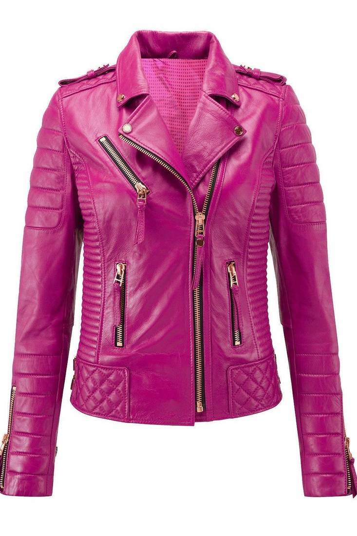 Women's pink soft genuine lambskin leather biker jacket