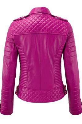 Women's pink soft genuine lambskin leather biker jacket 2