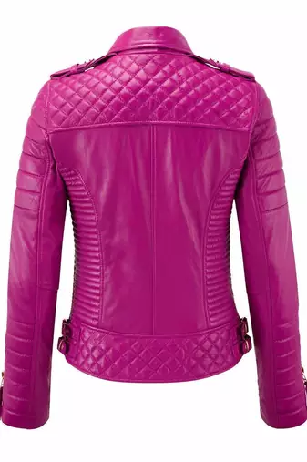 Women's pink soft genuine lambskin leather biker jacket