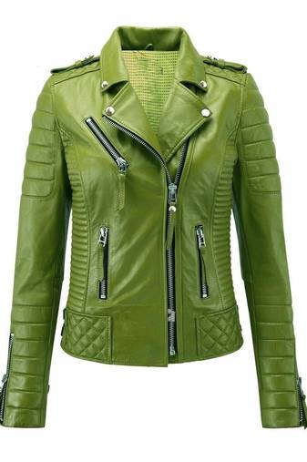 Women's olive green lambskin leather moto biker jacket