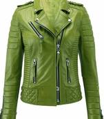 Women's olive green lambskin leather moto biker jacket