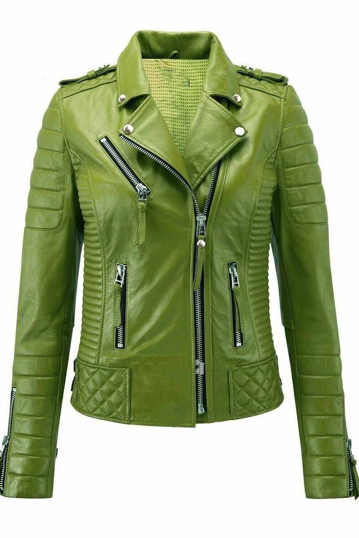 Women's olive green lambskin leather moto biker jacket