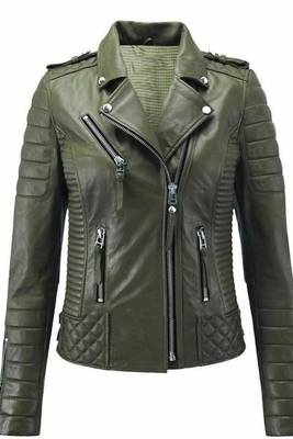 Women's olive biker genuine leather jacket 1
