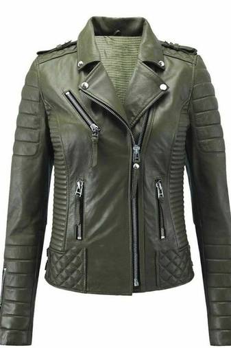 Women's olive biker genuine leather jacket