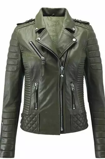 Women's olive biker genuine leather jacket