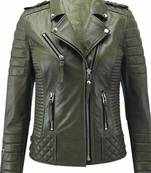 Women's olive biker genuine leather jacket