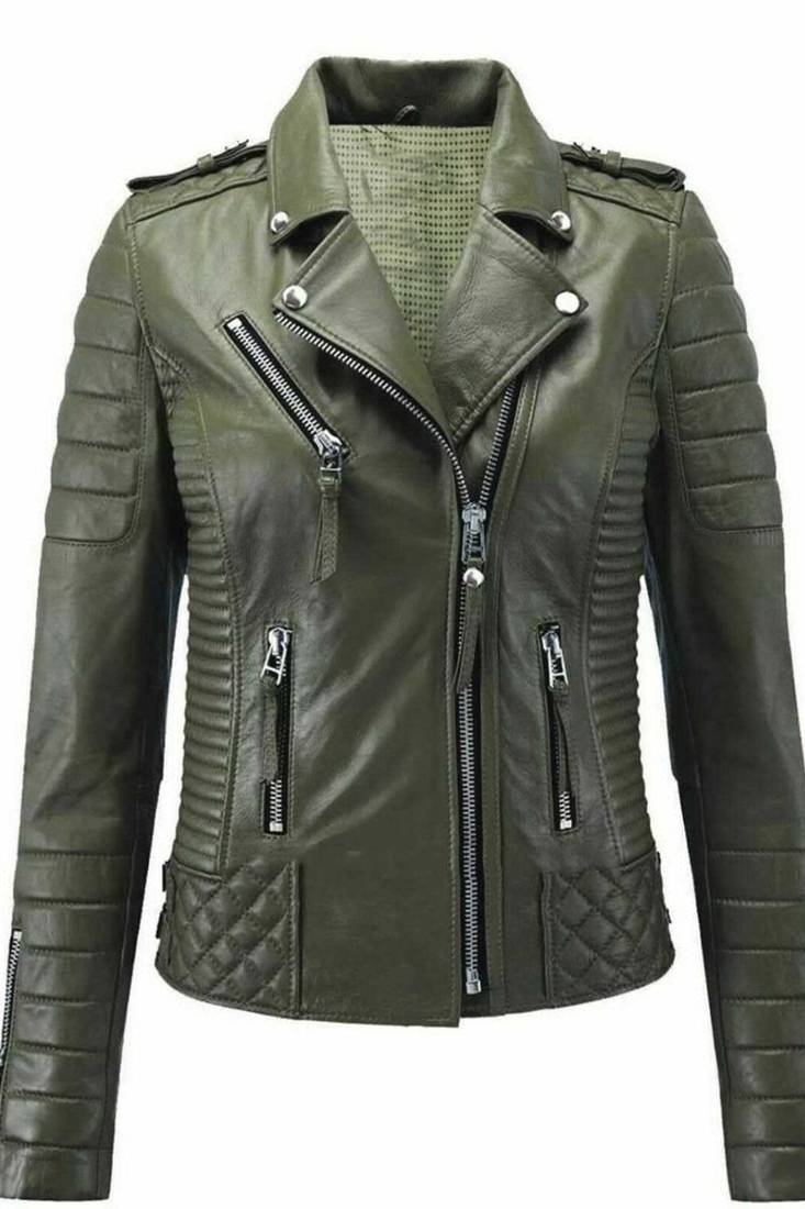 Women's olive biker genuine leather jacket