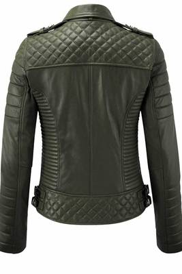 Women's olive biker genuine leather jacket 2