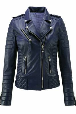 Women's lambskin navy blue leather moto biker jacket 1
