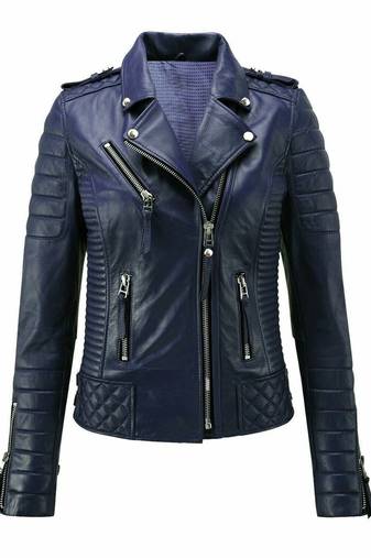 Women's lambskin navy blue leather moto biker jacket