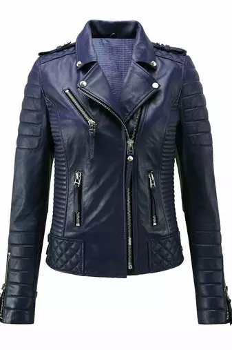 Women's lambskin navy blue leather moto biker jacket