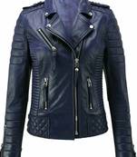 Women's lambskin navy blue leather moto biker jacket