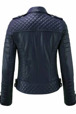 Women's lambskin navy blue leather moto biker jacket 2