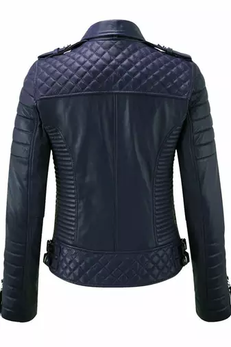 Women's lambskin navy blue leather moto biker jacket