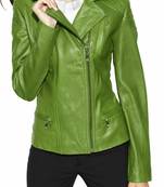 Women's green lambskin zip style leather biker jacket