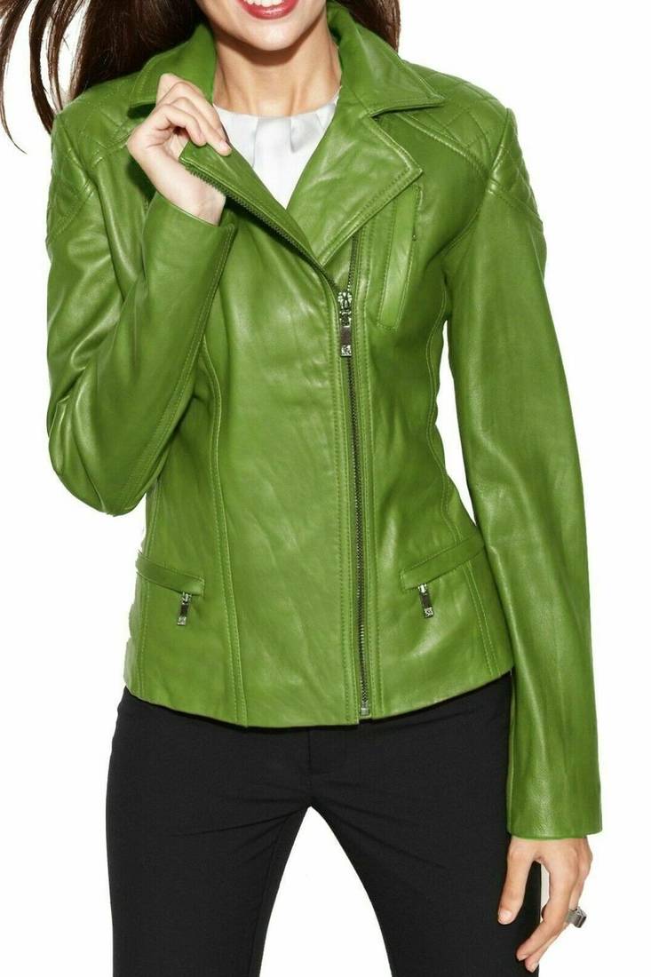 Women's green lambskin zip style leather biker jacket
