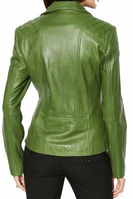 Women's green lambskin zip style leather biker jacket 2