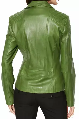 Women's green lambskin zip style leather biker jacket