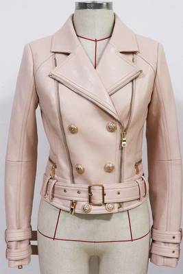 Women's beige belted genuine leather jacket 1