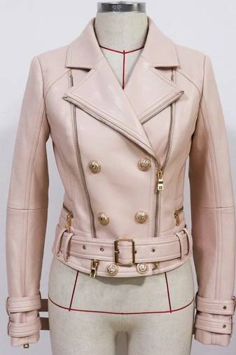 Women's beige belted genuine leather jacket