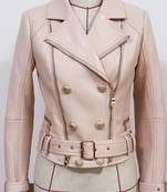 Women's beige belted genuine leather jacket