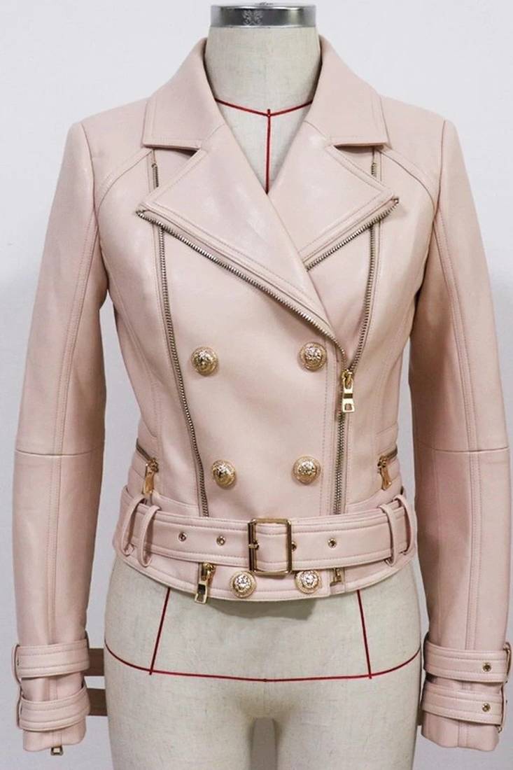 Women's beige belted genuine leather jacket