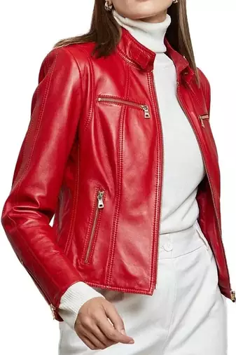 Women's lambskin red leather cafe racer biker jacket