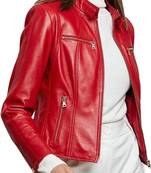 Women's lambskin red leather cafe racer biker jacket