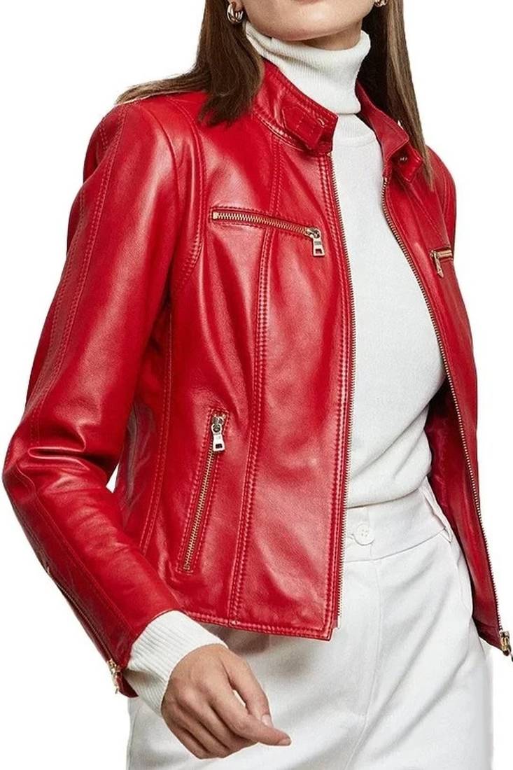 Women's lambskin red leather cafe racer biker jacket