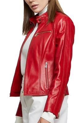 Women's lambskin red leather cafe racer biker jacket 2