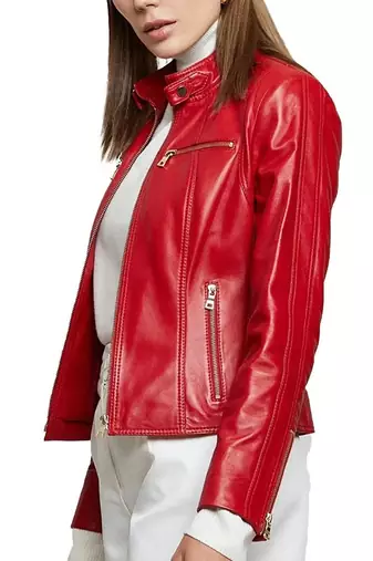 Women's lambskin red leather cafe racer biker jacket