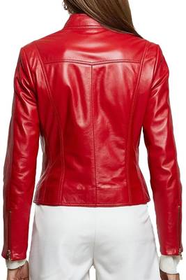 Women's lambskin red leather cafe racer biker jacket 3