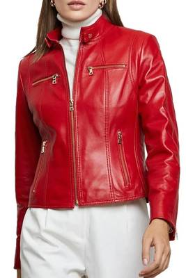 Women's lambskin red leather cafe racer biker jacket 4
