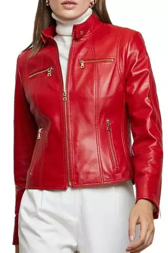 Women's lambskin red leather cafe racer biker jacket