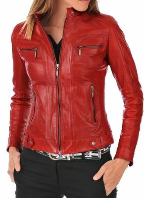 Women's red slim fit lambskin leather jacket 1