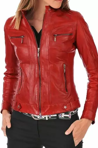 Women's red slim fit lambskin leather jacket
