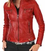 Women's red slim fit lambskin leather jacket