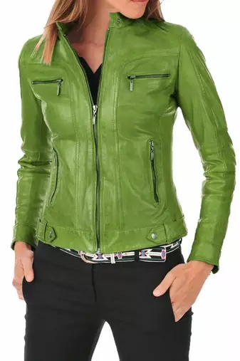 Women's lime green genuine leather biker jacket slim fit