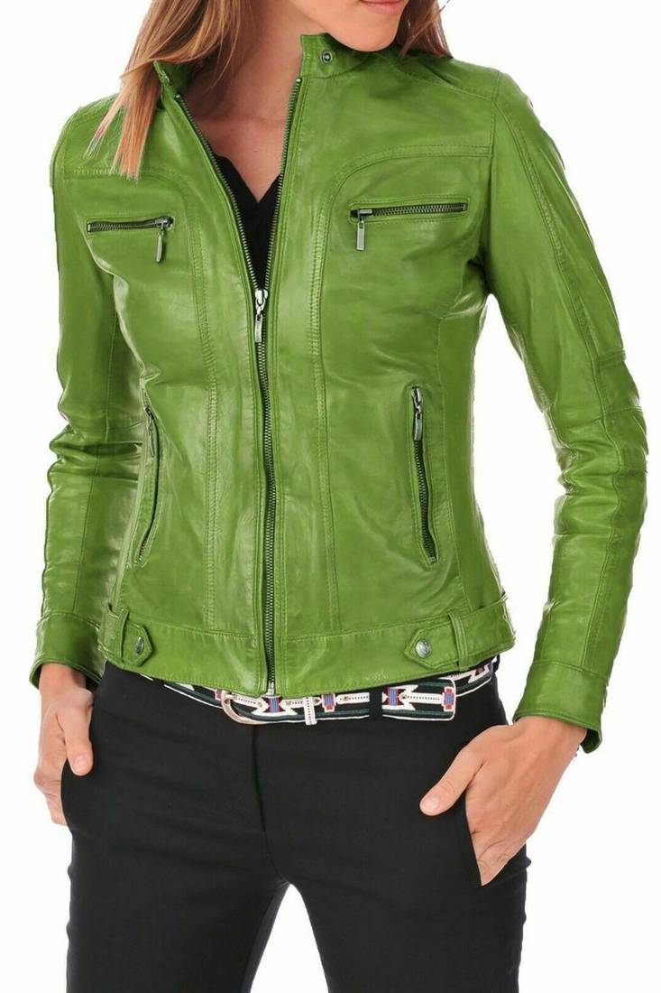 Women's lime green genuine leather biker jacket slim fit
