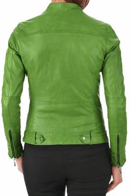 Women's lime green genuine leather biker jacket slim fit 2