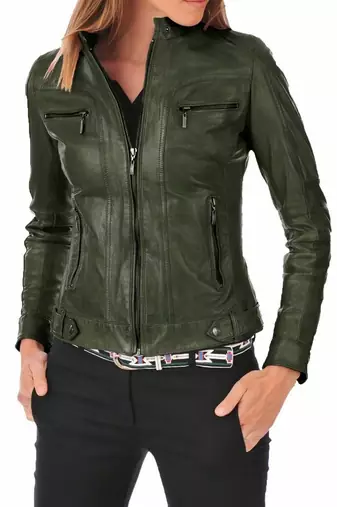 Women's dark olive lambskin leather moto biker jacket zip up