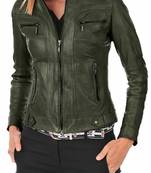 Women's dark olive lambskin leather moto biker jacket zip up